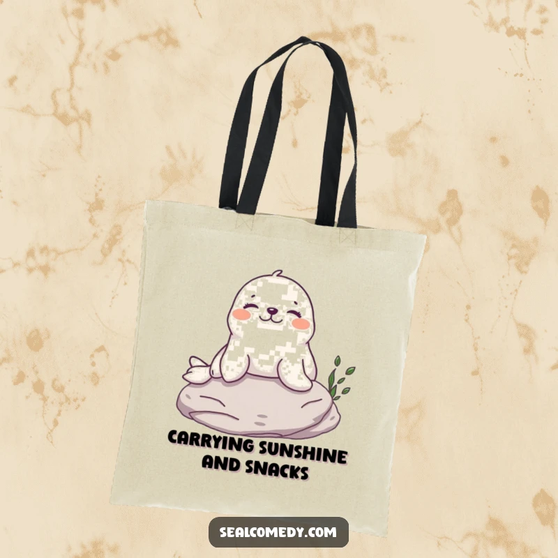Funny Seal Tote Bag: A content seal sunbathing on a rock, a humorous and practical accessory for beach trips.