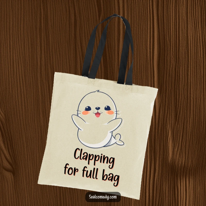 Funny cute seal tote bag, depicting a happy seal clapping its flippers, great for errands and radiating happiness.