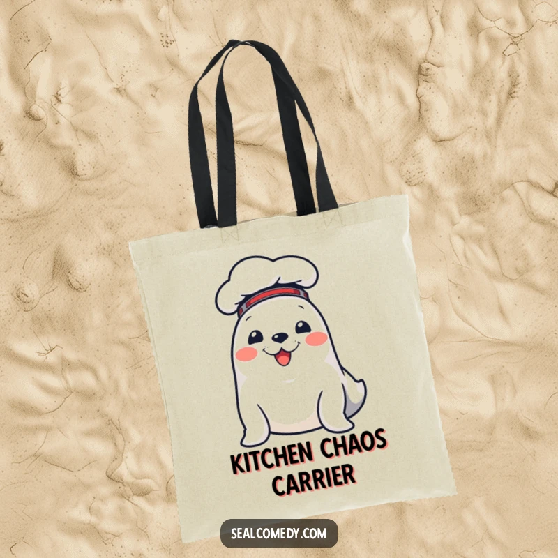 Funny tote bag designed with a cheerful seal in a chef hat, perfect for carrying groceries with a side of humor.