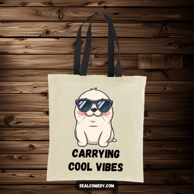 Funny seal tote bag wearing tiny sunglasses, looking cool and relaxed, a chill marine mammal with awesome shades.