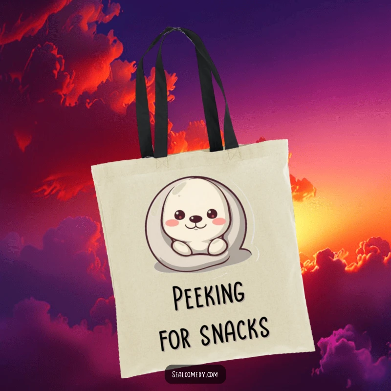 Funny Tote Bag featuring a curious seal peeking from behind a pebble icon, ideal for daily use.