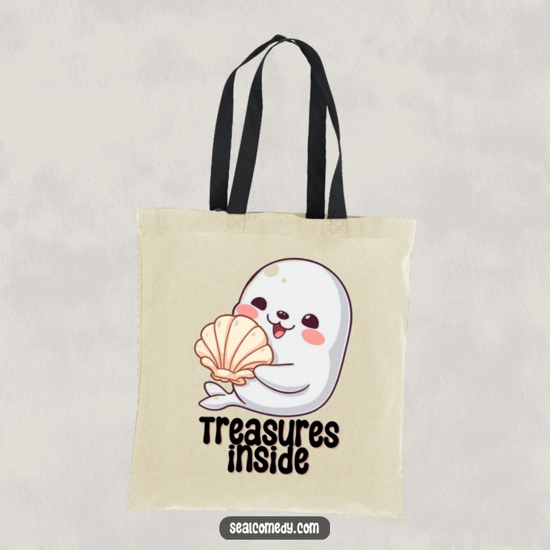 Funny tote bag depicting a smiling seal offering a shiny seashell, perfect for carrying your day's essentials with a touch of thoughtful charm.