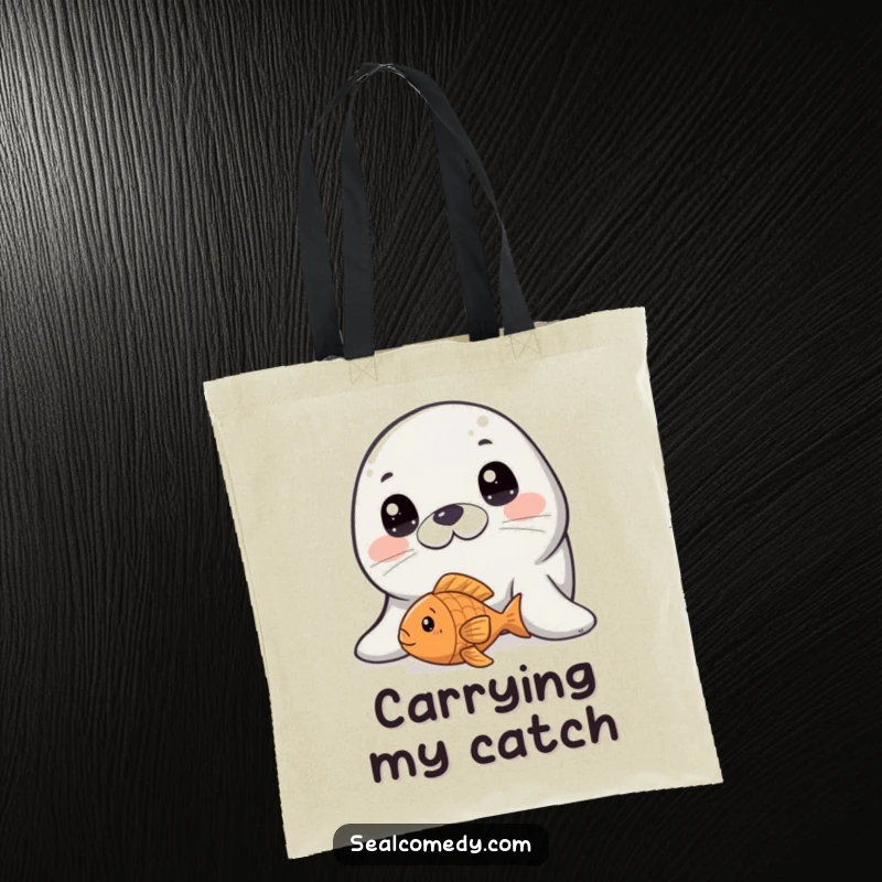 Funny seal with wide, innocent eyes, peering at a floating fish toy, a cute and practical tote.
