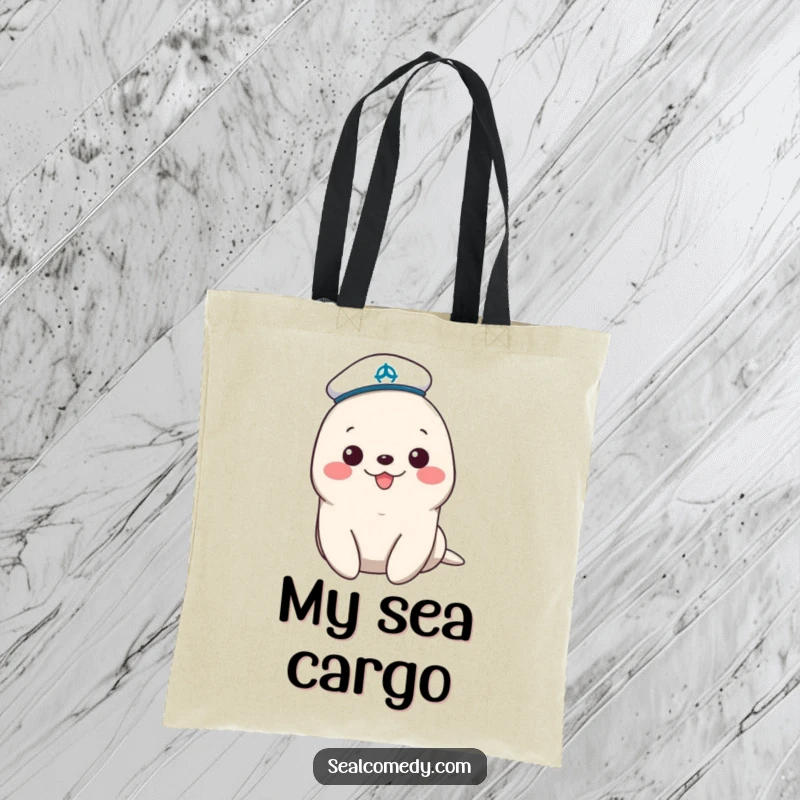 Funny sailor seal tote bag with a tiny hat, perfect for carrying essentials with cheerful maritime flair and adorable animal charm.