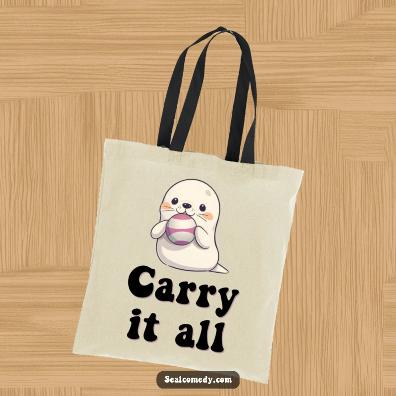 Funny Seal Tote Bag: A durable tote bag featuring a cute seal with a ball perfectly balanced on its nose, ready for action.