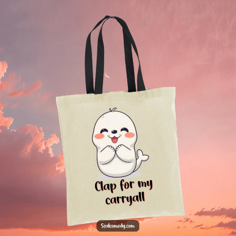 Funny tote bag featuring a cheerful seal character clapping its flippers in pure delight, perfect for everyday use and as a cute gift.