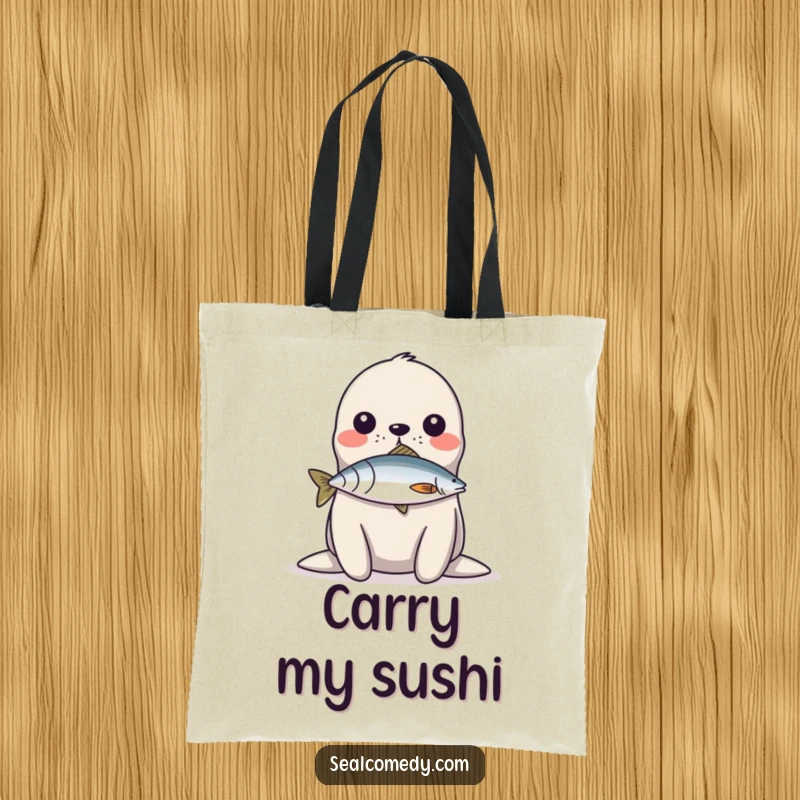 Funny Tote Bag: A seal balances a fish on its nose, a humorous and stylish accessory for carrying goods.