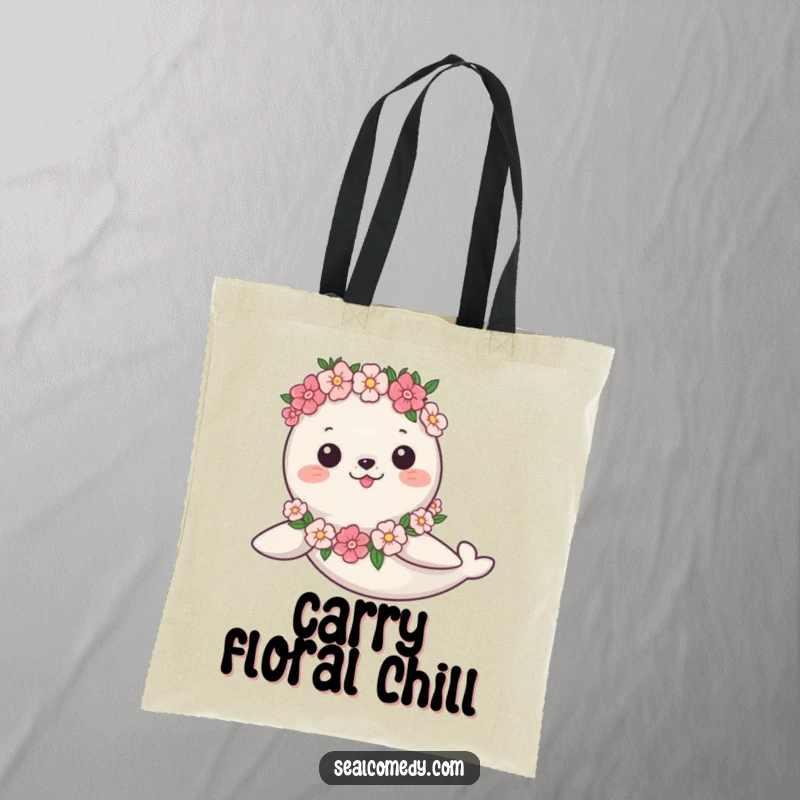 Funny Tote Bag: A seal wearing a flower garland swims gracefully, a humorous and chic accessory.