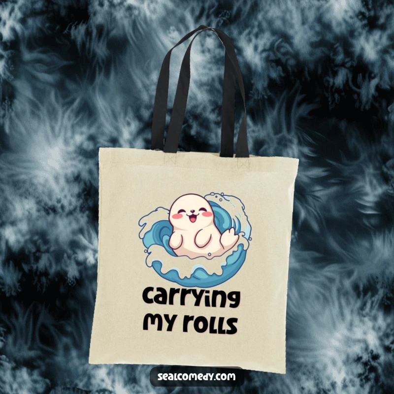 Funny seal tote bag doing a playful roll in stylized waves, a delighted marine mammal enjoying the ocean, perfect for beach.