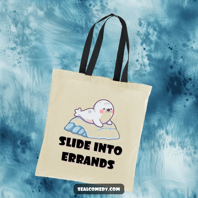 Funny tote bag illustrating a seal character smoothly sliding down an icy slope, perfect for carrying daily items with a smile.