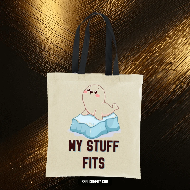 Funny tote bag featuring a playful seal character sliding gleefully down a small, snowy icy slope, perfect for stylish humor.