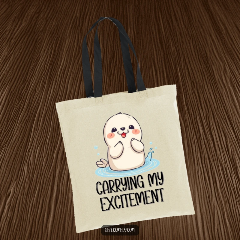 Funny Seal Tote Bag: A playful seal with flippers clapping, enjoying a splash, perfect for carrying beach gear.