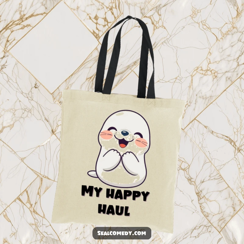 Funny seal tote bag featuring a smiling character clapping its flippers together joyfully. A humorous and cheerful accessory.