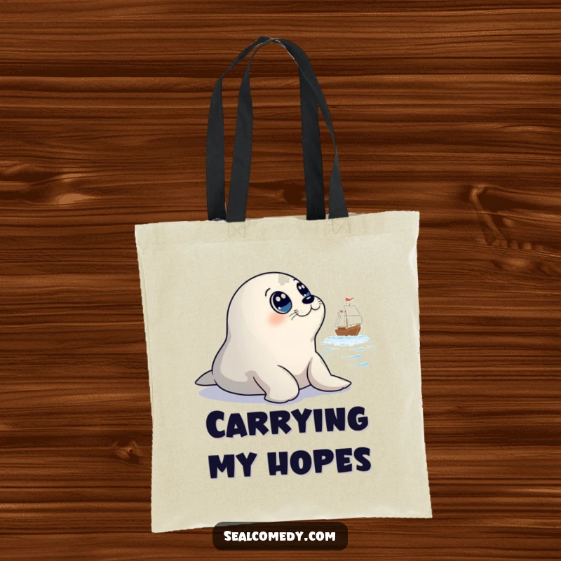 Funny tote bag showcasing a seal with big, innocent eyes looking towards a distant ship, a humorous and practical accessory.