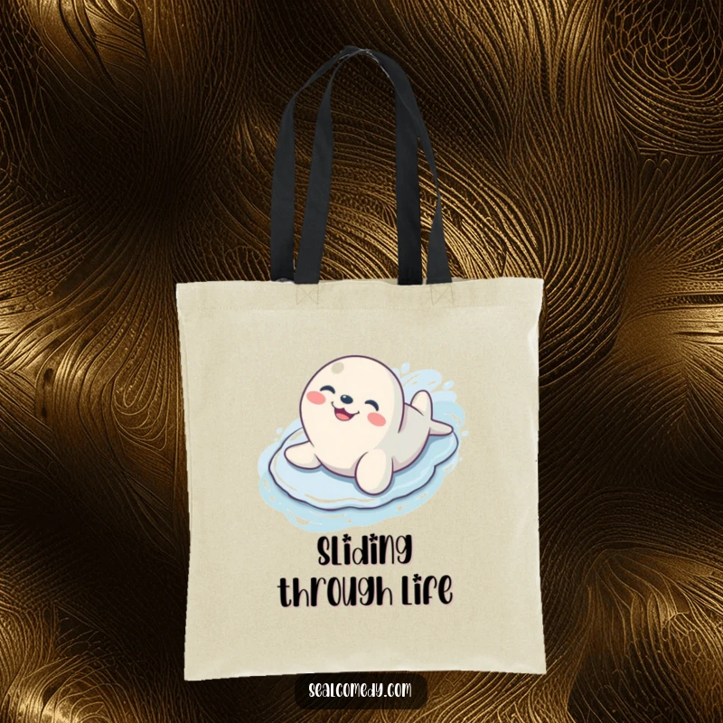 Funny seal with a big, happy grin sliding down a slippery wet surface, a joyful tote bag.