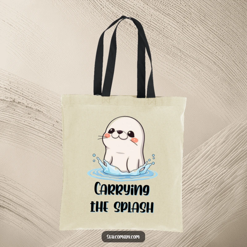 Funny Seal Tote Bag: A seal shakes water off its head, creating a humorous and refreshing design for this practical accessory. Funny gift.