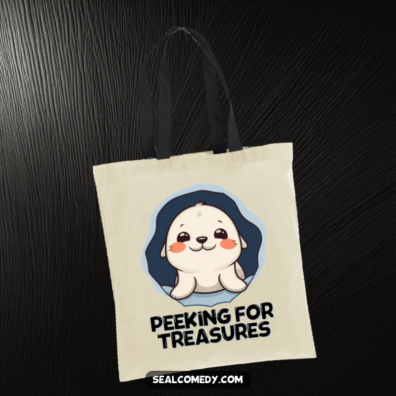Funny tote bag with a curious seal character peeking out from a hole in the ice, perfect for carrying essentials with humor.