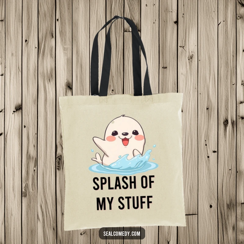 Funny tote bag illustrating a seal character joyfully splashing water with its flipper, perfect for carrying items with a fun vibe.